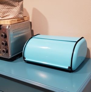 Bread box, vintage teal color, thin metal